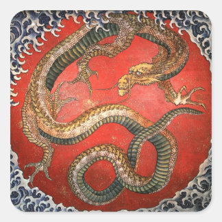 Pegatina Cuadrada Dragón, Bella Artes japonés de Hokusai