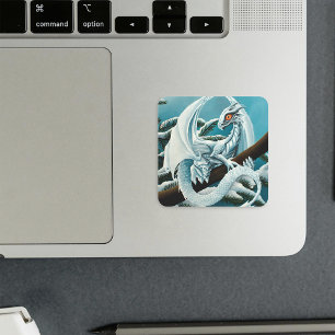 Pegatina Cuadrada Dragón Blanco Lindo de Invierno Pino Nevado Fantas