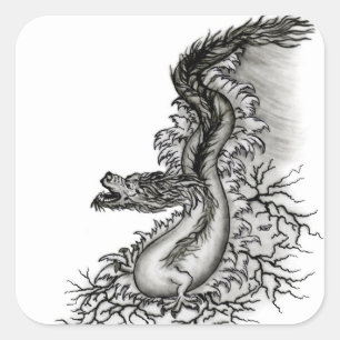Pegatina Cuadrada Dragón chino, diseño blanco y negro en tatuostyl