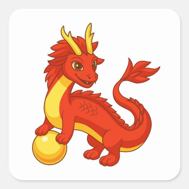 Pegatina Cuadrada Dragón Chino Rojo (Anverso)