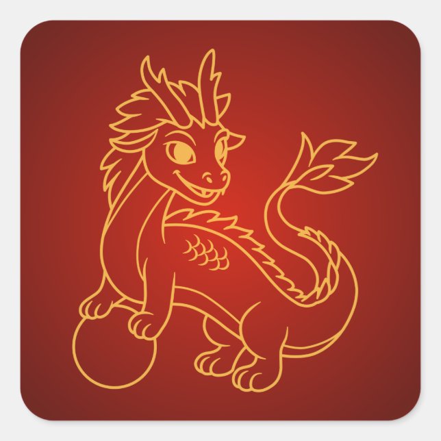 Pegatina Cuadrada Dragón chino sobre rojo (Anverso)