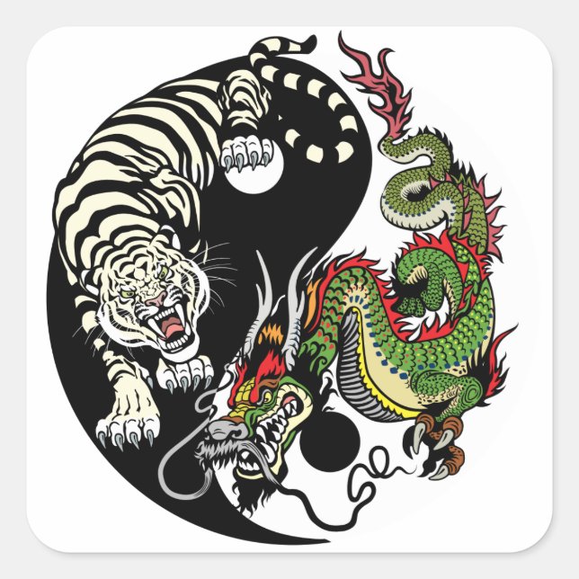 Pegatina Cuadrada Dragón chino verde y tigre blanco YIN YANG (Anverso)