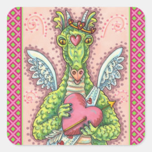 PEGATINA CUADRADA DRAGÓN CUPIDO, FANTASÍA CARDÍACA Y FLOR VALENTINA