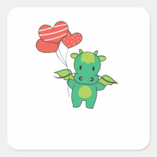 Pegatina Cuadrada Dragon Cute Animales Con Globos Cardíacos A