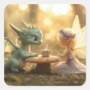 Pegatina Cuadrada Dragón de bebé dulce y hadas disfrutando del té