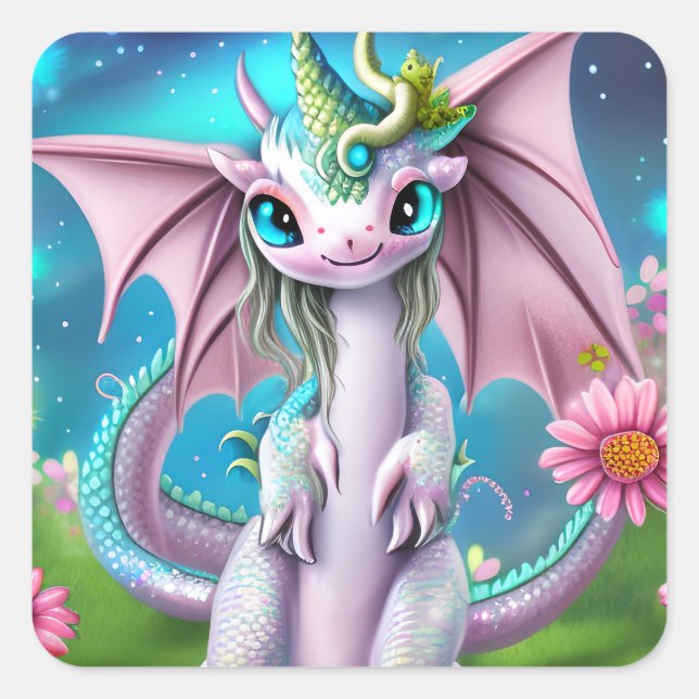 Pegatina Cuadrada Dragón de bebé sonriente con flores (Anverso)
