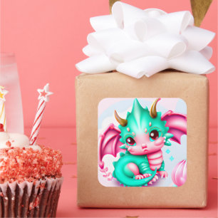 Pegatina Cuadrada Dragón de bebé Verde azulado y rosa de Kawaii