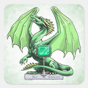 Pegatina Cuadrada Dragón de Birthstone de May: Esmeralda