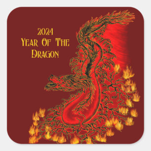 Pegatina Cuadrada Dragón De China, 2024 Año Del Dragón