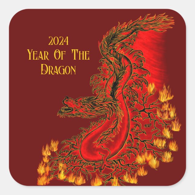 Pegatina Cuadrada Dragón De China, 2024 Año Del Dragón (Anverso)