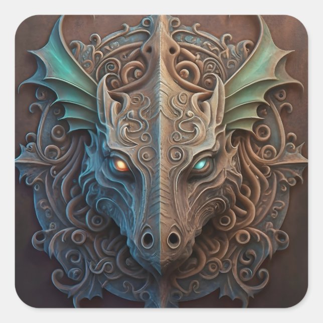 Pegatina Cuadrada Dragón de estilo de gárgola medieval (Anverso)