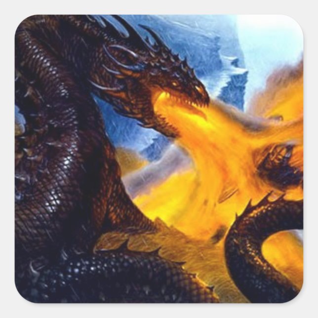 Pegatina Cuadrada Dragón de Fuego con Beowulf (Anverso)