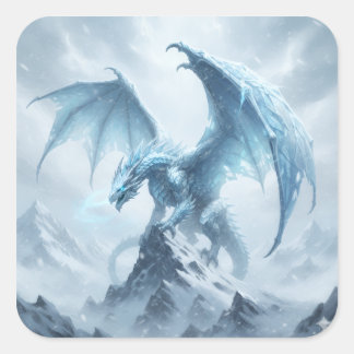 Pegatina Cuadrada Dragón de Hielo Azul en una Cima de Montaña