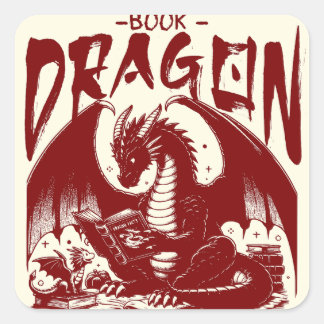 Pegatina Cuadrada Dragón de libros de época Lector de fantasías de l