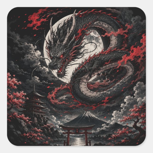 Pegatina Cuadrada Dragón de Luna de Sangre (Anverso)
