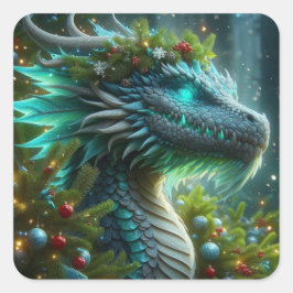 Pegatina Cuadrada Dragón de Navidades turquesa mágico