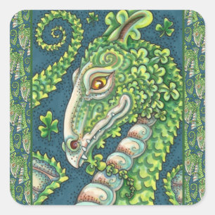 PEGATINA CUADRADA DRAGÓN DEL TRÉBOL VERDE DEL DÍA DE SAN PATRICIOS,