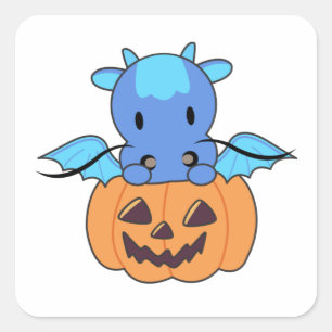 Pegatina Cuadrada Dragón En Calabaza Dulce Dragón Feliz Halloween