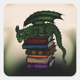 Pegatina Cuadrada Dragón en los libros
