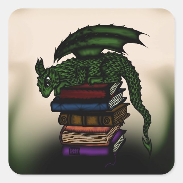 Pegatina Cuadrada Dragón en los libros (Anverso)