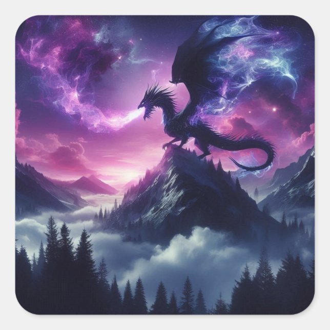Pegatina Cuadrada Dragón Etéreo Oscuro Medieval (Anverso)