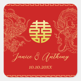 Pegatina Cuadrada Dragón fénix, boda chino de oro rojo