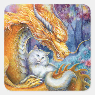 Pegatina Cuadrada Dragón Fiero y Gato Blanco en Bosque Místico