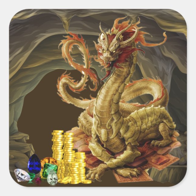 Pegatina Cuadrada Dragon Guards Gold y Jewels (Anverso)