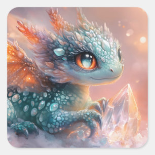 Pegatina Cuadrada Dragón infantil adorable con gema de cristal: arte