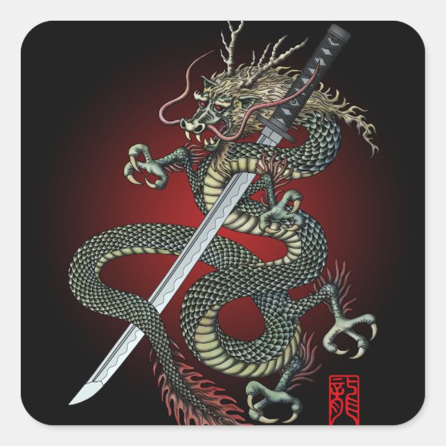 Pegatina Cuadrada Dragon katana (Anverso)