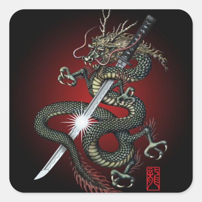 Pegatina Cuadrada Dragon katana3 (Anverso)