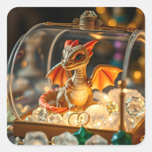 Pegatina Cuadrada Dragón lindo en una caja de joyas