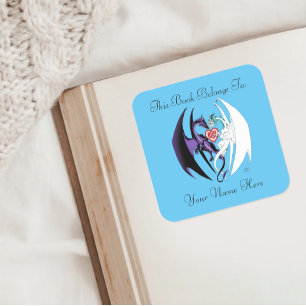 Pegatina Cuadrada Dragon Love Heart Blue Bookplate