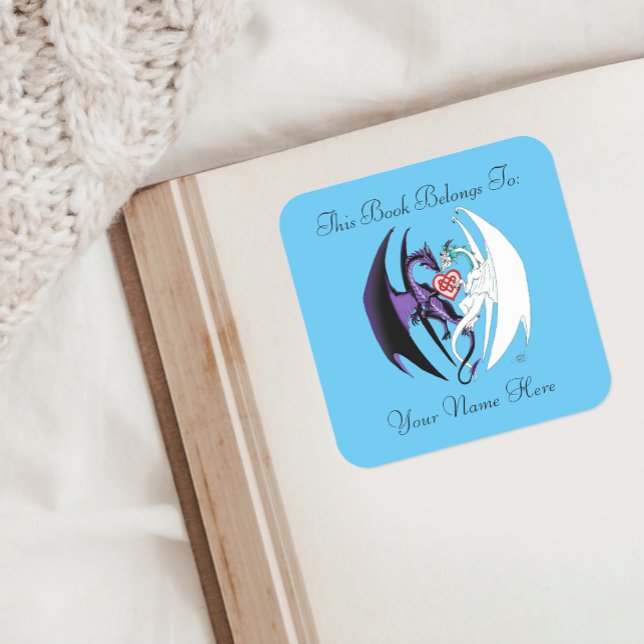 Pegatina Cuadrada Dragon Love Heart Blue Bookplate (Subido por el creador)