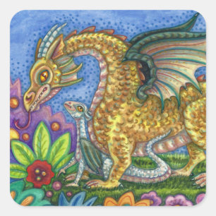 PEGATINA CUADRADA DRAGÓN MEDIEVAL Y JÓVENES, COLORIDOS JARDÍN DE ART