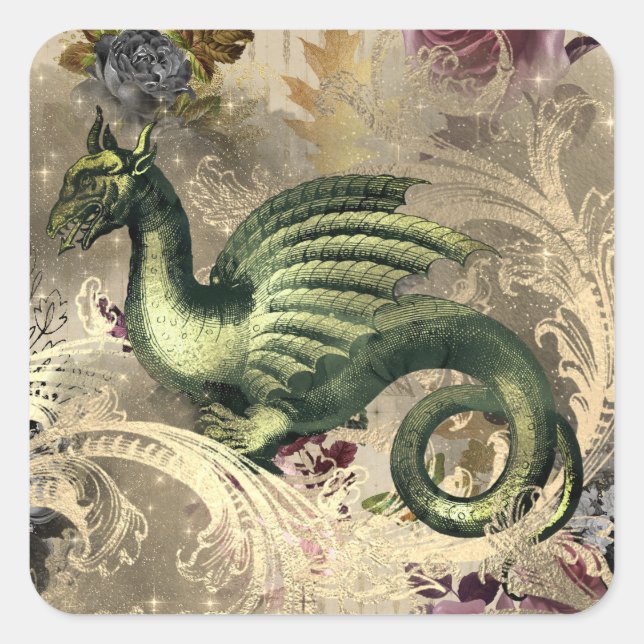 Pegatina Cuadrada Dragón místico y Rosas (Anverso)