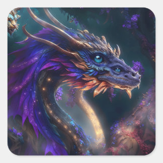 Pegatina Cuadrada Dragón morado mágico