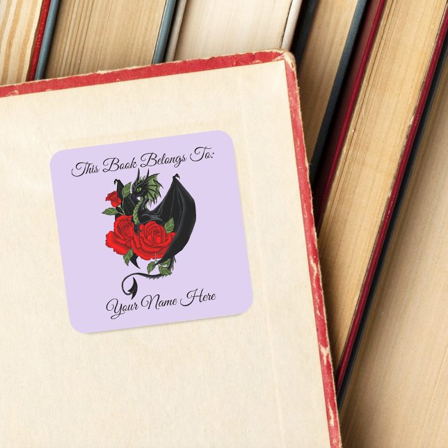 Pegatina Cuadrada Dragón Negro Místico Rosas Rojas Exlibris Lavanda (Subido por el creador)