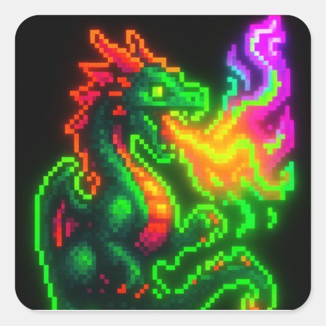 Pegatina Cuadrada Dragón Neon Pixel - Diseño Retro Arcade Flame (Anverso)