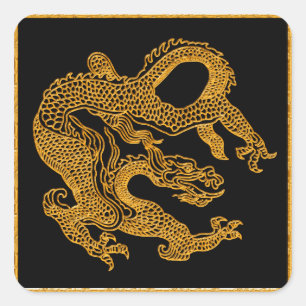 Pegatina Cuadrada Dragón oriental dorado 01