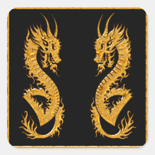Pegatina Cuadrada Dragón oriental dorado 02
