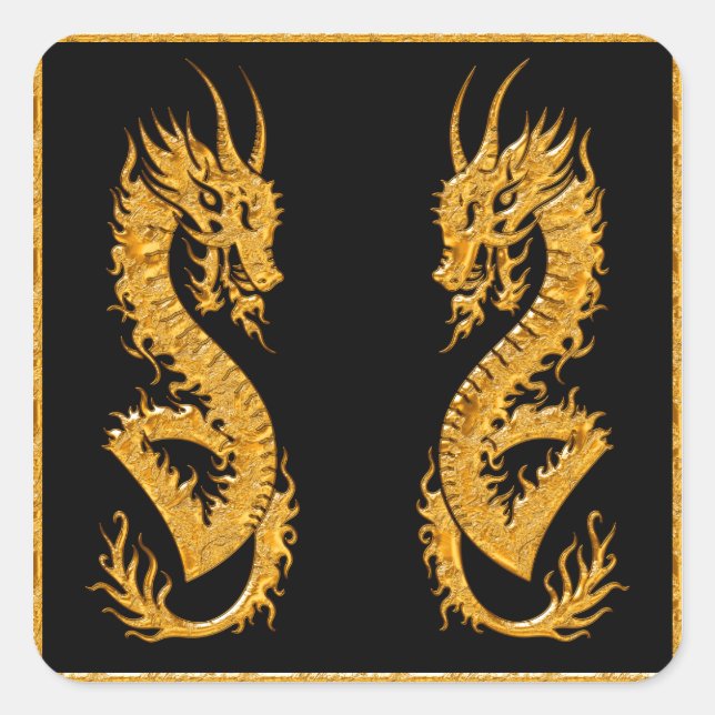 Pegatina Cuadrada Dragón oriental dorado 02 (Anverso)