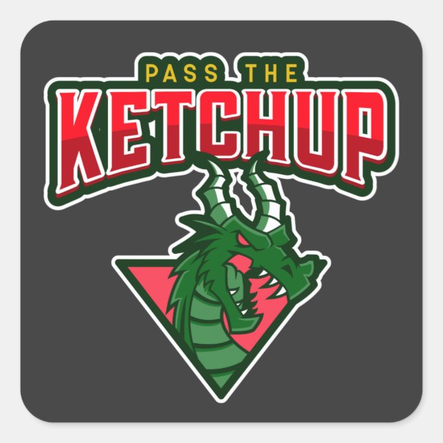 Pegatina Cuadrada Dragón: Pasa el Ketchup (Anverso)