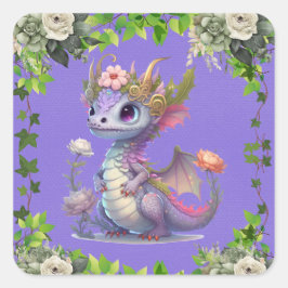 Pegatina Cuadrada Dragón Princesa con Baby Shower Chica Florals