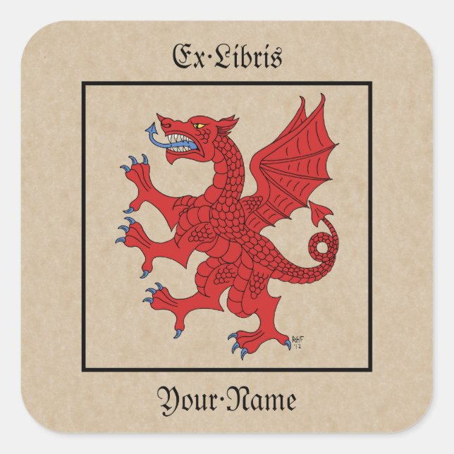 Pegatina Cuadrada Dragon Rampant Gules Bookplate (Anverso)