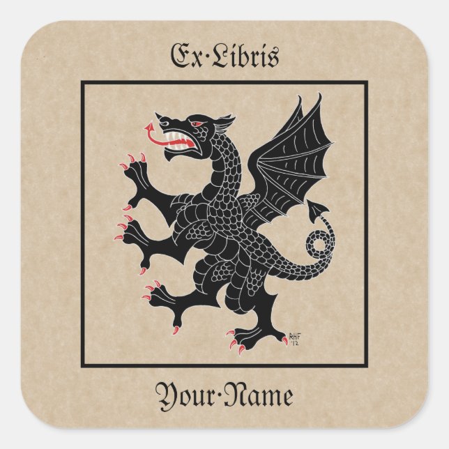Pegatina Cuadrada Dragon Rampant Sable Bookplate (Anverso)
