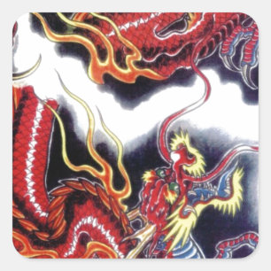 Pegatina Cuadrada Dragón rojo japonés