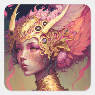 Pegatina Cuadrada Dragón rosa Mujer Fantasía Arte