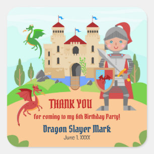 Pegatina Cuadrada Dragon Slayer Knight Boy Birday Party