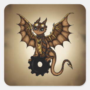 Pegatina Cuadrada Dragón Steampunk